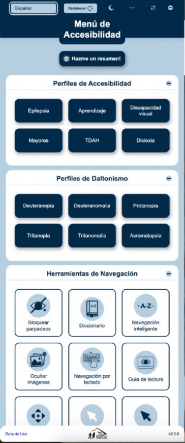 Menú del plugin de accesibilidad de ADDAW con perfiles de accesibilidad y de daltonismo
